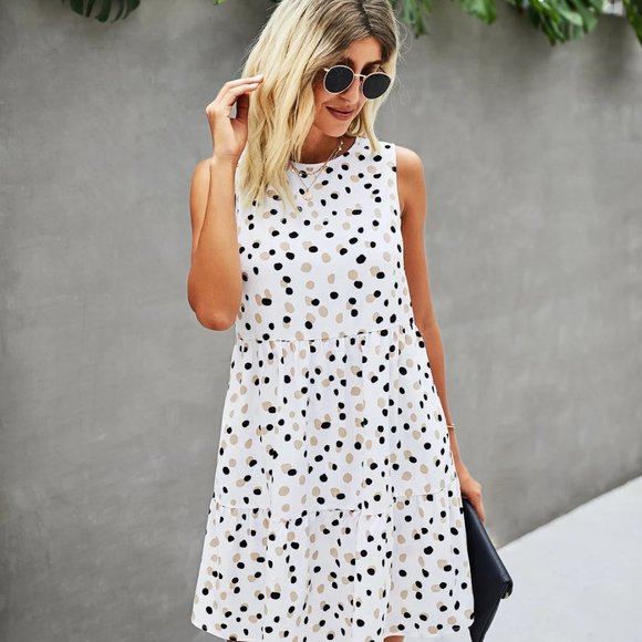 Women Crew Neck Sleeveless Polka Dot Ruffled Loose Fit Short Dress, Gift for Her - Picture 5 of 5